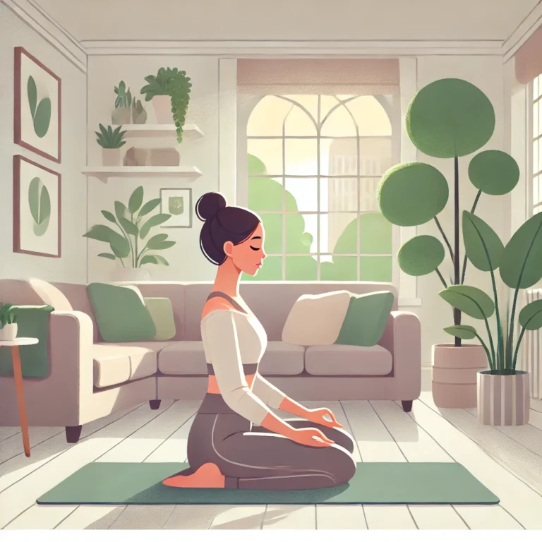 Dall·e 2025 01 19 20.42.47 An Animated Illustration Of A Serene Indoor Scene Featuring A Woman Meditating Peacefully. She Is Seated Cross Legged On A Yoga Mat, Wearing Comfortab