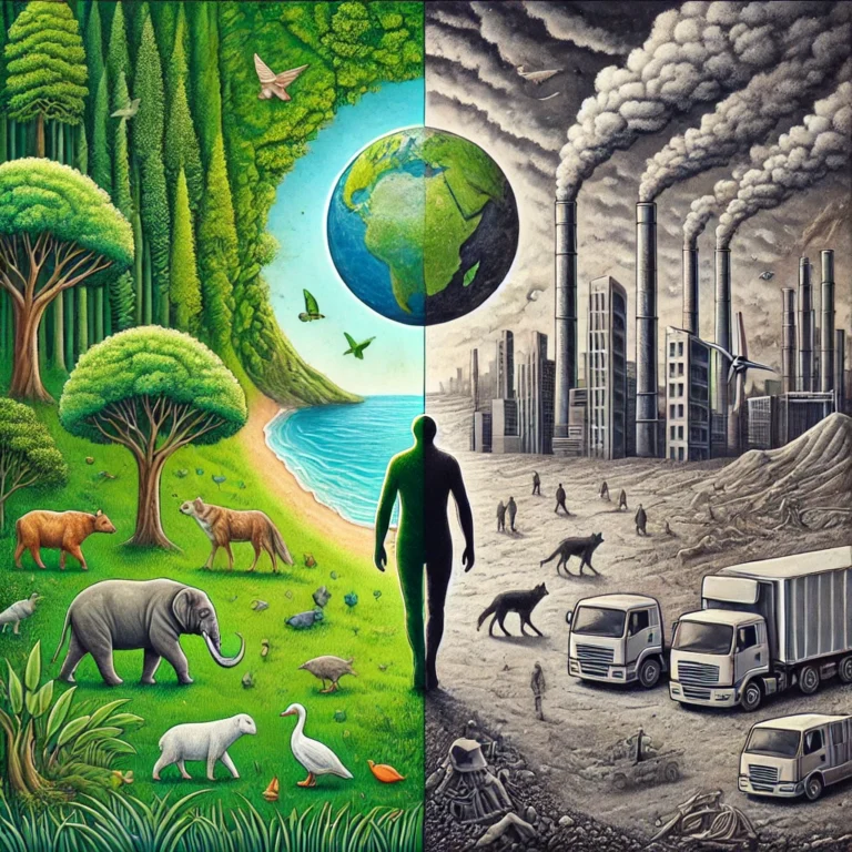 Dall·e 2025 01 22 22.39.55 A Symbolic Artwork Showing The Balance Between Humans And Nature, Without Including Earth As A Planet. On One Side, Lush Greenery With Trees, Animals,